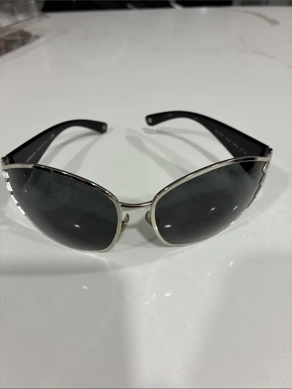 Versace Silver Frame Black Lens Women's Sunglasses